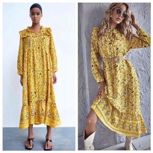 ZARA Yellow Floral Print Yellow Maxi Dress S